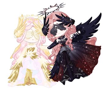 2girls absurdres arm_warmers bare_shoulders bird_wings black_arm_warmers black_collar black_dress black_gloves black_wings blindfold closed_mouth collar colored_blindfold crimson_feather_(infinity_nikki) detached_collar dress dual_persona elbow_gloves expressionless feather-trimmed_dress feathered_wings floating full_body gloves gown hair_ornament halo happy highres holding_hands infinity_nikki light_particles long_hair multiple_girls nikki_(series) official_alternate_color outstretched_arm outstretched_arms pink_dress pink_hair red_hair simple_background single_arm_warmer single_elbow_glove single_sidelock smile sparkle spiked_halo spread_wings strapless strapless_dress triangle_mouth two-tone_dress very_long_hair wavy_hair white_background white_collar wing_hair_ornament wings yellow_arm_warmers yellow_dress yellow_gloves yellow_halo zhizhizhizhizhizong