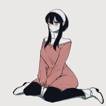 1girl bare_shoulders black_hair black_pantyhose blush boots breasts commentary_request dress full_body hair_between_eyes hairband highres long_hair long_sleeves medium_breasts off-shoulder_dress off_shoulder osaka_n_a pantyhose red_dress red_eyes sidelocks solo spy_x_family updo white_boots white_hairband yor_briar