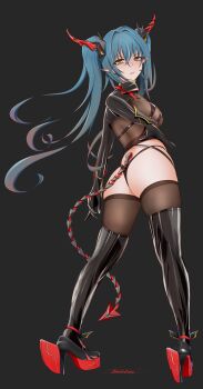 1girl absurdres artist_name ass azur_lane black_background black_panties black_thighhighs blue_hair bodysuit breasts clenched_teeth from_behind high_heels highres horns impossible_bodysuit impossible_clothes impossible_leotard large_breasts leotard long_hair looking_at_viewer panties parted_lips pointy_ears red_horns regensburg_(azur_lane) sadistoro signature simple_background skin_tight slit_pupils solo tail teeth thighhighs twintails underwear v-shaped_eyebrows yellow_eyes