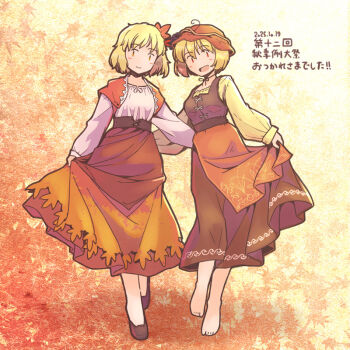 Rule 34 | 2girls, :d, aki minoriko, aki shizuha, alternate costume, apron, autumn leaves, barefoot, blonde hair, blush, bodice, brown eyes, brown shoes, brown skirt, capelet, commentary request, dated, full body, grape hat ornament, hair ornament, hand on another's back, hat, leaf, leaf background, leaf hair ornament, leaf print, long skirt, long sleeves, maple leaf, maple leaf print, multiple girls, open mouth, orange apron, orange background, rangycrow, red capelet, red eyes, red hat, red skirt, reitaisai, shirt, shoes, short hair, skirt, smile, touhou, translation request, wheat print, white shirt, yellow shirt