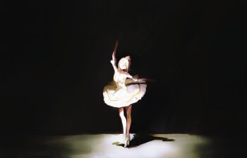 1girl absurdres arm_up ballerina ballet ballet_slippers bare_legs bare_shoulders black_background breasts chinese_commentary circle_skirt cleavage closed_eyes commentary_request dancing detached_sleeves dress frilled_dress frills full_body hair_between_eyes hair_bun hair_ornament hair_scrunchie happy highres kaname_madoka knees mahou_shoujo_madoka_magica mahou_shoujo_madoka_magica_(anime) official_alternate_costume open_mouth outstretched_arms pink_hair scrunchie shadow shoes short_dress short_hair short_sleeves sijimao single_hair_bun sleeveless sleeveless_dress smile solo spaghetti_strap stage tiptoes tutu updo white_dress white_scrunchie white_shoes white_sleeves