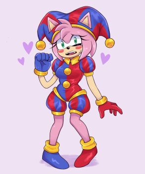 2023 amy_rose artkett1412 clown colored_skin cosplay crossover eyelashes glitch_productions gloves green_eyes hat headgear hedgehog highres jester jester_cap jester_costume jester_girl jester_outfit long_eyelashes nervous nervous_sweating pink_fur pink_hair pink_skin pomni_(the_amazing_digital_circus) sega shoes sonic_(series) sweat the_amazing_digital_circus