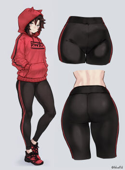 1girl alternate_costume artist_name ass black_hair black_leggings bluefield commentary copyright_name cropped_legs english_commentary from_behind gluteal_fold grey_background grey_eyes groin hands_in_pockets highres hood hood_up hoodie leggings looking_at_viewer messy_hair pants red_hair red_hoodie ruby_rose rwby smile solo thigh_gap thighs track_pants twitter_username