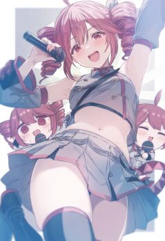 Rule 34 | 1girl, ahoge, black skirt, black thighhighs, blush, breasts, chibi, closed eyes, collared shirt, commentary request, cutlass (classic chocolate), detached sleeves, drill hair, highres, holding, holding microphone, kasane teto, kasane teto (sv), looking at viewer, microphone, midriff, navel, open mouth, pleated skirt, red eyes, red hair, shirt, skirt, small breasts, solo, stomach, sweatdrop, synthesizer v, thighhighs, twin drills, utau