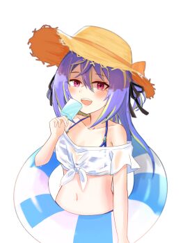 Rule 34 | 1girl, absurdres, alternate costume, blue hair, blush, breasts, commentary request, crop top, food, green hair, hair between eyes, hat, highres, hiyoku no crosspiece, holding, holding food, holding popsicle, holding swim ring, innertube, long bangs, long hair, looking at viewer, midriff, mole, mole under eye, multicolored hair, nanashi inc., navel, off-shoulder shirt, off shoulder, open mouth, pink eyes, popsicle, salmon231, shirt, simple background, small breasts, smile, solo, straw hat, striped innertube, sun hat, suzumi nemo, swim ring, teeth, tied shirt, transparent background, two-tone hair, upper body, upper teeth only, virtual youtuber, white shirt
