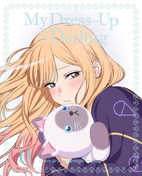 1girl black_sweater blonde_hair blush copyright_name highres ishida_kazumasa kitagawa_marin long_hair official_art second-party_source solo sono_bisque_doll_wa_koi_wo_suru stuffed_animal stuffed_cat stuffed_toy sweater upper_body