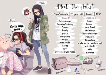 Rule 34 | 1girl, ahoge, animal print, annoyed, antenna hair, arrow (symbol), artist name, bag, bare arms, barefoot, black-framed eyewear, black hijab, black shoes, blue pants, bottle, brown bag, brown eyes, brown hair, cat print, character age, character charm, character name, charm (object), chestnut mouth, closed mouth, colored shoe soles, commentary, denim, doki doki literature club, drawing tablet, english commentary, english text, glasses, green jacket, grey background, grey shirt, handbag, headphones, heart, high ponytail, highres, hijab, holding, holding drawing tablet, holding phone, holding stylus, hood, hood down, hooded jacket, jacket, jeans, knees together feet apart, knees up, legs apart, lip balm, long hair, looking at screen, looking at viewer, multiple views, no socks, open clothes, open jacket, open mouth, pants, phone, pigeon-toed, pink pants, ponytail, raised eyebrow, real life, real life insert, sasu (sasucchi95), sasucchi95, sayori (doki doki literature club), shirt, shoes, short sleeves, simple background, sitting, sneakers, speech bubble, spoken character, standing, stylus, sweat, t-shirt, teeth, toes, uneven eyes, upper teeth only, wallet, white shirt