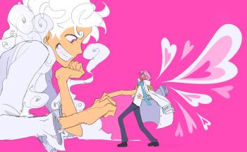 2boys alternate_form clenched_teeth coat coat_on_shoulders commentary epaulettes gear_fifth giant head_rest heart highres koby_(one_piece) male_focus monkey_d._luffy multiple_boys one_piece pachi1014813 pink_background pink_eyes pink_hair shirt short_hair simple_background symbol-only_commentary teeth white_hair white_shirt