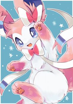 1other :3 :d animal_ears animal_feet arm_up blue_background blue_eyes blush border bow commentary cowboy_shot digitigrade fang furry gen_6_pokemon highres looking_at_viewer nintendo open_mouth other_focus outline pawpads personification pink_fur pokemon pokemon_(creature) ribbon simple_background smile solo sparkle standing standing_on_one_leg suppainu sylveon tail white_border white_outline