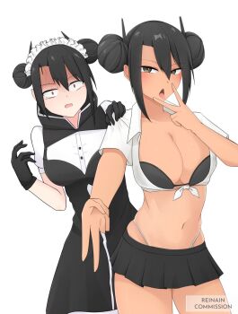 2girls agent_(girls&#039;_frontline) black_gloves black_hair blush breasts cleavage commentary dark-skinned_female dark_skin double_bun dress english_commentary girls&#039;_frontline gloves gyaru hair_between_eyes hair_bun highres large_breasts long_hair looking_at_viewer maid maid_headdress multiple_girls reinainn sangvis_ferri short_sleeves solo tan thighhighs v yellow_eyes