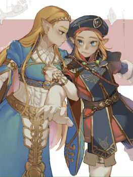 Rule 34 | 1boy, 1girl, belt, black hat, blonde hair, blue dress, blue eyes, blush, boots, brown belt, closed mouth, dress, earrings, gem, gloves, hat, highres, ivy (sena0119), jewelry, link, long hair, long sleeves, medium hair, nintendo, pointy ears, red background, royal guard set (zelda), the legend of zelda, the legend of zelda: breath of the wild, tunic, white background, white boots, white gloves