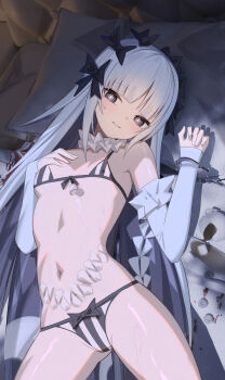 1girl absurdres bare_shoulders bikini black_bikini black_bow black_eyes black_hair blunt_bangs bow breasts bright_pupils coffee coffee_mug collar colored_inner_hair commentary cowboy_shot cuffed cuffs cup detached_sleeves extra_mouth fate/strange_fake fate_(series) francesca_prelati_(fate) frilled_collar frills hair_bow hand_on_own_chest handcuffs highres kitabana light_smile long_hair looking_at_viewer lying mug multicolored_hair navel on_back on_bed parted_lips pillow ringed_eyes sharp_teeth small_breasts solo spill stomach stomach_mouth striped_bikini striped_clothes sugar_cube swimsuit teeth vertical-striped_bikini vertical-striped_clothes very_long_hair white_bikini white_hair white_pupils white_sleeves