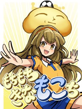 1girl absurdres ball blue_shorts brown_eyes brown_hair collared_shirt familiar highres inazuma_eleven_(series) inazuma_eleven_go looking_at_viewer nanobana_kinako open_mouth outstretched_arms shirt shorts soccer_ball soccer_uniform solo sportswear spread_arms synchroman translation_request yellow_shirt