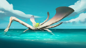 bone cambocreation cloud giant_skeleton moss no_humans ocean original painterly scenery sky water watermark