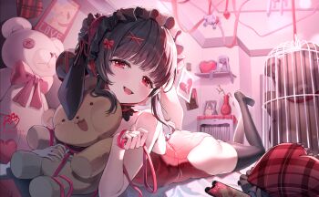 1girl animal_ears ass bed birdcage black_thighhighs broken_heart brown_hair cage commentary frilled_hairband frills hair_ornament hairband heart heart-shaped_pillow highleg highleg_leotard highres holding holding_leash leash leotard lerome looking_at_viewer lop_rabbit_ears lying nightstand no_shoes on_stomach open_mouth original pillow pink_leotard poster_(object) rabbit_ears red_eyes shelf short_hair smile stuffed_animal stuffed_toy symbol-only_commentary teddy_bear the_pose thighhighs vase x_hair_ornament yandere