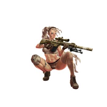 1girl artist_request asymmetrical_hair asymmetrical_legwear bare_arms bare_shoulders bipod blonde_hair blue_eyes boots bra breasts camouflage camouflage_bra camouflage_panties closed_mouth crystal_maiden_(series) full_body game_cg gloves gun headset highres holding holding_gun holding_weapon justice_(crystal_maidens) looking_to_the_side navel official_art panties rail_(weapon) rifle scope short_sleeves sniper_rifle solo sr-25 suppressor thigh_strap transparent_background underwear variant_set watch weapon