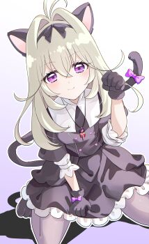 1girl absurdres animal_ears animal_hands black_shirt black_skirt blonde_hair cat_ears cat_paws closed_mouth commentary_request gloves gradient_background grey_background highres kudoukudokudo medium_hair meitantei_precure! moria_luluka paw_gloves precure purple_eyes shirt simple_background skirt smile solo