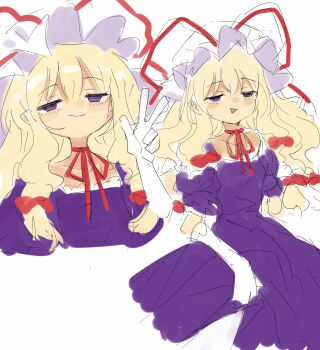 Rule 34 | 1girl, absurdres, blonde hair, commentary request, dress, elbow gloves, gloves, hat, highres, long hair, looking at viewer, mob cap, multiple views, purple dress, purple eyes, simple background, sketch, smile, touhou, triangle mouth, usayoshi (touhopu2), v, white background, white gloves, white hat, yakumo yukari