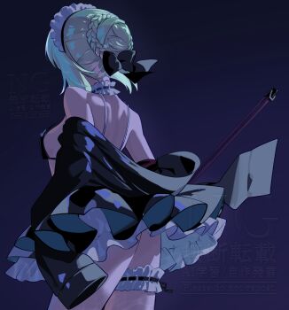 1girl apron artoria_pendragon_(fate) ass back bikini black_bikini black_jacket black_ribbon black_skirt black_thighhighs blonde_hair braid breasts choker commentary_request fate/grand_order fate_(series) frilled_choker frilled_thigh_strap frills hair_bun hair_ribbon highres hood hooded_jacket jacket long_hair long_sleeves maid maid_bikini maid_headdress medium_breasts mop open_clothes open_jacket ribbon rullep saber_alter saber_alter_(swimsuit_rider)_(second_ascension) sidelocks skirt solo swimsuit thigh_strap thighhighs thighs unconventional_maid white_apron