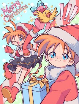 Rule 34 | !, !!, 1girl, ahiru (princess tutu), ahoge, animal, arm up, bird, blue eyes, boots, box, braid, castussan, christmas, commentary, dress, duck, english commentary, fur-trimmed boots, fur-trimmed jacket, fur-trimmed sleeves, fur collar, fur trim, gift, gift box, gloves, hat, highres, holding, holding gift, huge ahoge, jacket, long hair, merry christmas, multiple views, one eye closed, open mouth, orange hair, pom pom (clothes), princess tutu, santa hat, smile, spiked hair, standing, standing on one leg, very long hair