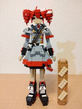 Rule 34 | 1girl, ahoge, arms at sides, baguette, black boots, boots, bread, buttons, choroli (chorolin), double-breasted, drill hair, food, full body, grey jacket, grey skirt, hair between eyes, hair ribbon, highres, jacket, kasane teto, kasane teto (sv), lego (medium), long sleeves, looking at viewer, oversized food, oversized object, red eyes, red hair, ribbon, shoulder belt, skirt, solo, standing, straight-on, synthesizer v, twin drills, unconventional media, utau, white ribbon