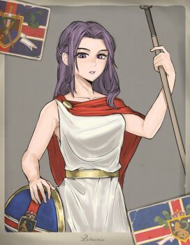 1girl absurdres bare_arms belt cloak code_geass collarbone cornelia_li_britannia gold_belt highres holding holding_polearm holding_shield holding_weapon holy_britannian_flag long_hair polearm purple_eyes purple_hair purple_lips pzkpfwi red_cloak shield solo toga trident weapon