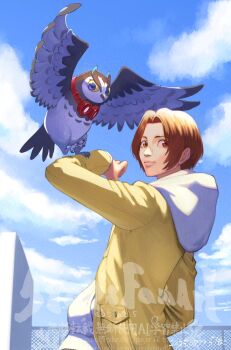 1boy 5tatsu animal_on_arm bird bird_on_arm blue_eyes brown_eyes brown_hair cloud cloudy_sky goggles goggles_around_neck highres hood hood_down hoodie jacket kamishiro_nagisa lufel_(owl)_(p5x) lufel_(p5x) male_focus on_rooftop owl parted_bangs persona persona_5 persona_5:_the_phantom_x short_hair sky upper_body white_hoodie yellow_jacket