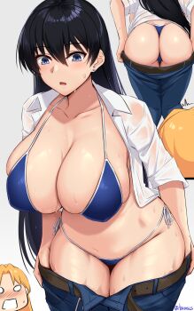 2girls akitsuki_karasu arato_nagi ass bikini black_hair blue_bikini blue_pants breasts cleavage clothes_pull commentary_request denim highres jeans large_breasts long_hair multiple_girls multiple_views navel open_clothes open_shirt paid_reward_available pants pants_pull purple_eyes ruri_no_houseki shirt side-tie_bikini_bottom solo_focus swimsuit tanigawa_ruri twitter_username undressing white_shirt