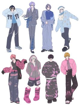 6+boys akagi_wen alternate_costume alternate_hairstyle animal_print arms_up bandage_on_face bandages beanie black_hair blonde_hair blue_cardigan blue_jacket blue_shirt boots bow butterfly_print cardigan commentary dytica_(nijisanji) flame_print full_body glasses grey_bow grey_hair grey_jacket grey_pants hair_between_eyes hair_ornament hairclip hand_in_pocket hat hibachi_mana highres hood hood_up hooded_jacket hoshirube_sho inami_rai jacket jewelry kashira_waka3 knee_boots koyanagi_rou leopard_print leopard_print_clothes long_hair long_sleeves male_focus multicolored_hair multiple_boys murakumo_kagetsu necklace nijisanji open_clothes open_jacket orange_hair oriens_(nijisanji) pants parted_bangs pink_boots pink_hair pink_jacket pom_pom_(clothes) pom_pom_beanie print_jacket print_shirt purple_hair saiki_ittetsu shirt short_hair shorts simple_background sleeves_past_fingers sleeves_past_wrists streaked_hair torn_clothes torn_pants two-tone_pants two-tone_shirt usami_rito virtual_youtuber white_background white_hair