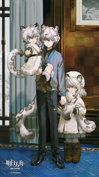 1girl 2girls animal_ears arknights black_shirt black_shoes blue_pants boots carrying carrying_person chinese_text cliffheart_(arknights) curtains english_text full_body grey_eyes grey_hair highres huangdanlan index_finger_raised leopard_boy leopard_ears leopard_girl leopard_tail multiple_girls pants pramanix_(arknights) shirt shoes short_hair silverash_(arknights) standing tail window
