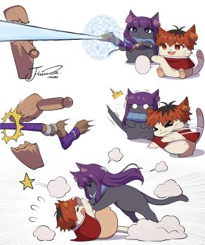 absurdres anger_vein angry animal animalization black_hair blunt_bangs cat clothed_animal commentary_request fern_(sousou_no_frieren) fur_collar highres holding holding_staff j_humbo long_hair magic multicolored_hair purple_hair red_hair signature sousou_no_frieren staff stark_(sousou_no_frieren) throwing two-tone_hair