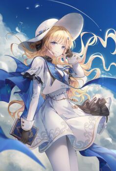1girl black_bow black_collar black_gloves blonde_hair blue_eyes blue_sash blue_sky book bow breasts closed_mouth cloud cloudy_sky collar commentary cowboy_shot floating_hair gloves hair_bow hair_ornament hat high-waist_skirt holding holding_book long_hair long_sleeves looking_at_viewer medium_breasts outdoors ozzingo pantyhose phoebe_(wuthering_waves) purple_eyes sash shirt skirt sky smile solo striped_bow tacet_mark_(wuthering_waves) white_hat white_pantyhose white_shirt white_skirt wuthering_waves x_hair_ornament