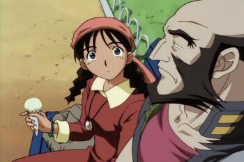Rule 34 | 1boy, 1girl, age difference, angry, anime screenshot, annoyed, bald male, beard, bench, black eyes, black hair, blank stare, blue eyes, blue vest, bracelet, braid, braided twintails, character request, collarbone, collared vest, cowboy bebop, dark-skinned female, dark-skinned male, dark skin, dessert, dirt, dress, ears, facial hair, food, grass, green bracelet, green trim, grey trim, gypsy, ice cream, jet black, jewelry, lips, long hair, muscular, muscular male, necklace, official art, pao meifa, park, park bench, pink shirt, red dress, shirt, silver necklace, squinting, staring, sweatdrop, twintails, vest, yellow trim