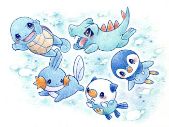 black_eyes blue_eyes blue_theme blush brown_eyes gen_1_pokemon gen_2_pokemon gen_3_pokemon gen_4_pokemon gen_5_pokemon mudkip nintendo no_humans open_mouth oshawott piplup pokemon pokemon_(creature) polkadot_(mocopeng) smile squirtle totodile