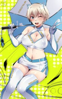 1girl alternate_costume animal_ears blonde_hair brave_witches breasts car christmas_elf em_(totsuzen_no_hakike) gloves holding large_breasts motor_vehicle navel navel_piercing nikka_edvardine_katajainen one_eye_closed open_mouth panties piercing short_hair shorts sitting solo tail thighhighs umbrella underwear v weasel_ears weasel_girl weasel_tail white_panties world_witches_series