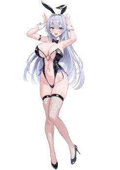 Rule 34 | 1girl, :d, absurdres, animal ears, arms up, bare arms, bare shoulders, black bow, black bowtie, black shoes, blue eyes, blush, bow, bowtie, breasts, commentary request, detached collar, fake animal ears, fake tail, fishnet thighhighs, fishnets, full body, high heels, highres, large breasts, leotard, long hair, navel, open mouth, original, playboy bunny, rabbit ears, rabbit tail, see-through clothes, see-through leotard, sg (satoumogumogu), shion alfine (satoumogumogu), shoes, simple background, smile, solo, standing, tail, thighhighs, thighs, white background, white hair, wrist cuffs