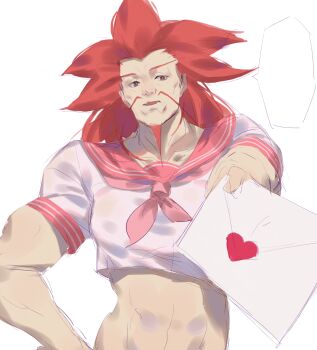 Rule 34 | 1boy, abs, astolfo (fate), astolfo (sailor paladin) (fate), astolfo (sailor paladin) (fate) (cosplay), blank speech bubble, chinese commentary, commentary request, cosplay, crop top, envelope, facial hair, fate/grand order, fate (series), hak foo, hand on own hip, heart, highres, holding, holding envelope, incoming object, jackie chan adventures, letter, love letter, male focus, muscular, muscular male, mustache, red cucumber, red hair, simple background, sketch, speech bubble, spiked hair, upper body, white background