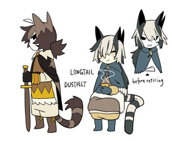 3boys ahoge animal_ears bilingual_commentary black_eyes black_hair blonde_hair blue_boots blue_cape boots brooch brown_boots brown_cape brown_hair brown_robe brown_tunic cape cat_boy cat_ears cat_tail character_name chinese_commentary closed_eyes commentary commentary_request cup deformed detached_ahoge dual_persona dustpelt english_commentary english_text flat_color from_side full_body fur-trimmed_cape fur_trim highres holding holding_cup holding_sword holding_weapon jewelry long_hair longtail_(warrior_cats) low_ponytail male_focus medium_hair mixed-language_commentary multicolored_hair multiple_boys omen_of_the_stars personification ponytail rehtaef robe scar scar_across_eye scar_on_face simple_background sitting smile standing streaked_hair sword tail the_prophecies_begin tunic warrior_cats weapon white_background