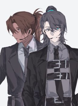 2boys aqua_eyes aysen belt black_belt black_coat black_eyes black_hair black_jacket black_necktie black_pants black_suit brown_hair chest_belt chest_harness coat collared_shirt commentary_request curtained_hair formal_clothes full-stop_office_(identity)_(project_moon) grey_shirt harness headset heathcliff_(project_moon) heterochromia high_ponytail highres hong_lu_(project_moon) jacket lapels limbus_company long_sleeves looking_at_viewer looking_to_the_side male_focus medium_hair multiple_boys necktie notched_lapels pants parted_bangs ponytail profile project_moon scar scar_on_face shirt simple_background smile suit teeth upper_body white_background white_shirt