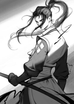 1boy arif_wijaya closed_mouth floating_hair furrowed_brow greyscale highres hikari_ku holding holding_sword holding_weapon japanese_clothes katana long_hair looking_at_viewer male_focus monochrome octopath_traveler octopath_traveler_ii parted_bangs ponytail sheath sheathed sketch solo sword upper_body weapon