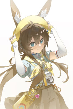 1girl absurdres amiya_(arknights) animal_ear_fluff animal_ears arknights arms_up blue_eyes blue_shirt brown_hair brown_skirt closed_mouth collared_shirt cowboy_shot double-parted_bangs fingerless_gloves gloves hair_between_eyes hat highres jewelry long_hair looking_at_viewer multiple_rings neckerchief rabbit_ears rabbit_girl ring shirt short_sleeves simple_background skirt smile solo striped_neckerchief tianqiyubao_euc white_background white_gloves yellow_hat yellow_neckerchief