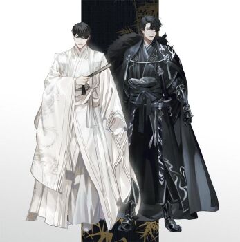 2boys alternate_costume black_cape black_coat black_eyes black_hair black_hanbok black_shirt blackbox_(blackbox9158) boots cape coat cowboy_shot full_body fur_trim gauntlets hanbok hand_fan head_tilt holding holding_fan kim_dokja korean_clothes lapel_chain male_focus multiple_boys omniscient_reader&#039;s_viewpoint open_clothes open_coat pillarboxed popped_collar shirt short_hair standing tassel white_coat white_hanbok white_shirt yoo_joonghyuk