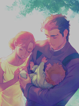 1boy 1girl 1other baby black_hair breasts brown_hair closed_eyes commentary_request couple dress guel_jeturk gundam gundam_suisei_no_majo hetero highres if_they_mated ivy_hermit medium_breasts multicolored_hair parent_and_child parted_lips pink_hair red_hair short_hair smile suletta_mercury tan thick_eyebrows two-tone_hair under_table upper_body yellow_dress