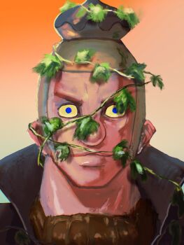 123_(itinino_3) 1boy blue_eyes buzz_cut colored_sclera highres horror_(theme) ivy long_sideburns looking_at_viewer male_focus mature_male montblanc_noland one_piece painterly plant planti portrait sanpaku short_hair sideburns smile solo straight-on symbolism very_short_hair vines yellow_sclera