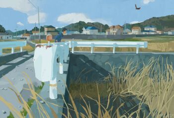 Rule 34 | 1boy, bird, black hair, blue shirt, blue sky, bridge, building, canal, cloud, dated, grass, haragayowainja, hawk, highres, open mouth, original, outdoors, scenery, shirt, short hair, shouting, sky, town, wide shot