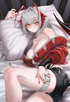 1girl absurdres ahoge antenna_hair arknights bare_shoulders black_shorts breasts cleavage commentary crop_top grey_hair highres indoors jacket large_breasts long_sleeves looking_at_viewer lying midriff mildt nail_polish off_shoulder on_side pillow red_jacket red_nails short_hair short_shorts shorts solo thighs w_(arknights) wis&#039;adel_(arknights) yellow_eyes