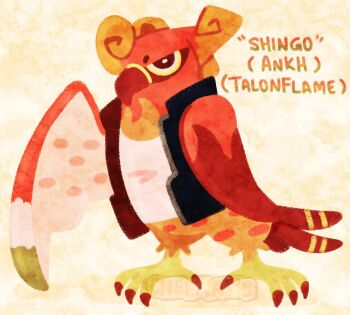 ankh_(ooo) artist_name bird character_name cheemaws commentary english_commentary full_body fusion gen_6_pokemon highres kamen_rider kamen_rider_ooo_(series) looking_at_viewer nintendo no_humans pokemon pokemon_(creature) pokemon_focus talonflame talons watermark