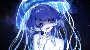 Rule 34 | 1girl, blue eyes, blue hair, body fur, colored skin, commentary, english commentary, fangs, flat chest, head tilt, heart, heart-shaped pupils, highres, immy bisou (artist), jellyfish girl, original, portrait, solo, space, symbol-shaped pupils, tentacles, white skin
