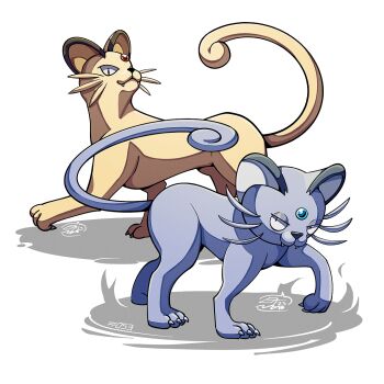 Rule 34 | alolan form, alolan persian, alt text, claws, fangs, forehead jewel, gen 7 pokemon, grey fur, looking at viewer, mistray-art, nintendo, no humans, numbered, persian (pokemon), pokemon, pokemon (creature), regional and normal, signature, simple background, tail, whiskers, white background, white fur
