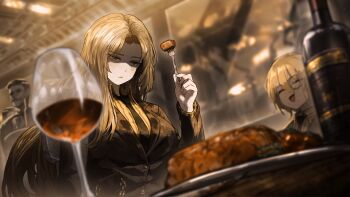 2girls 2others :d alcohol black_necktie blonde_hair blue_eyes bob_cut bottle brown_coat brown_hair chain coat collared_shirt cup don_quixote_(project_moon) drinking_glass eating food fork game_cg herb highres holding holding_fork limbus_company long_hair meat mole mole_under_eye monocle multiple_girls multiple_others nai_ga necktie official_art open_mouth project_moon rodion_(project_moon) shirt short_hair smile solo_focus steak striped_clothes t_corp._(identity)_(project_moon) unhappy wine wine_bottle wine_glass
